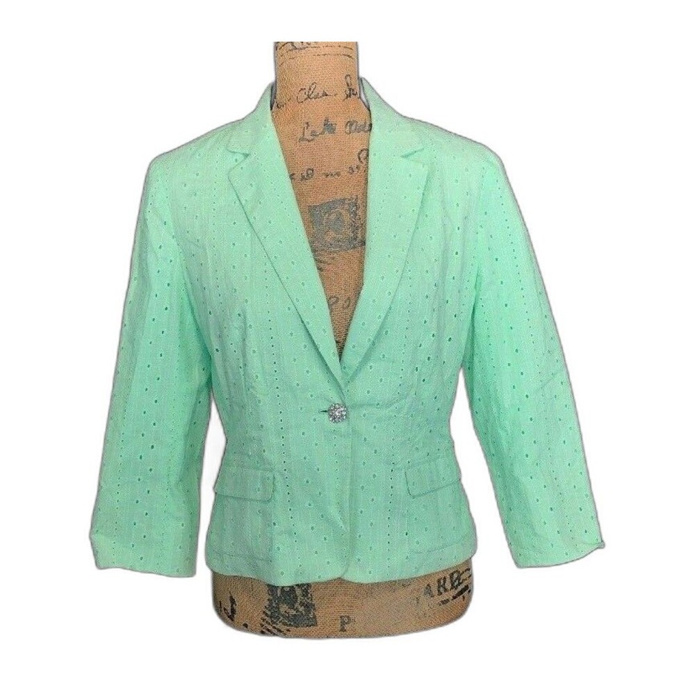 Tahari Blazer 10‎ Mint Green Eyelet Dot Rhinestone Button 3/4 Sl Jacket Career